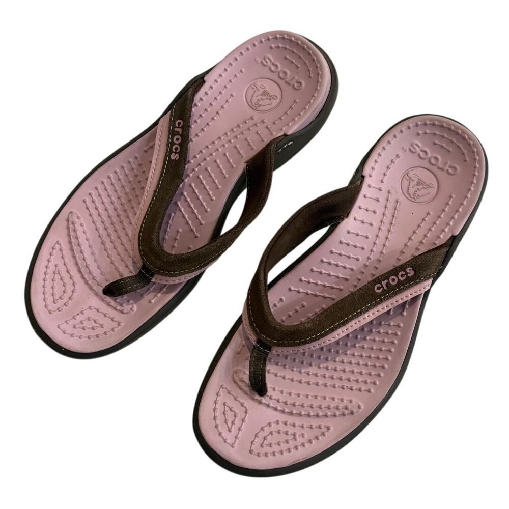 Crocs Womens Capri Thong Sandals 8 Suede Strap Brown Pink Comfort Flip Flops